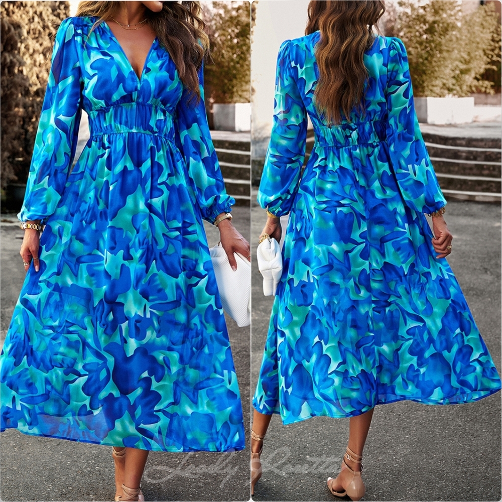 Boho Printed V-Neck Long Sleeve Midi Dress